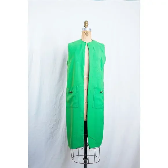 Vintage 60s Kelly Green Linen Blend Vest Duster w/ Pockets Mod Retro Bright, Med - Picture 4 of 10